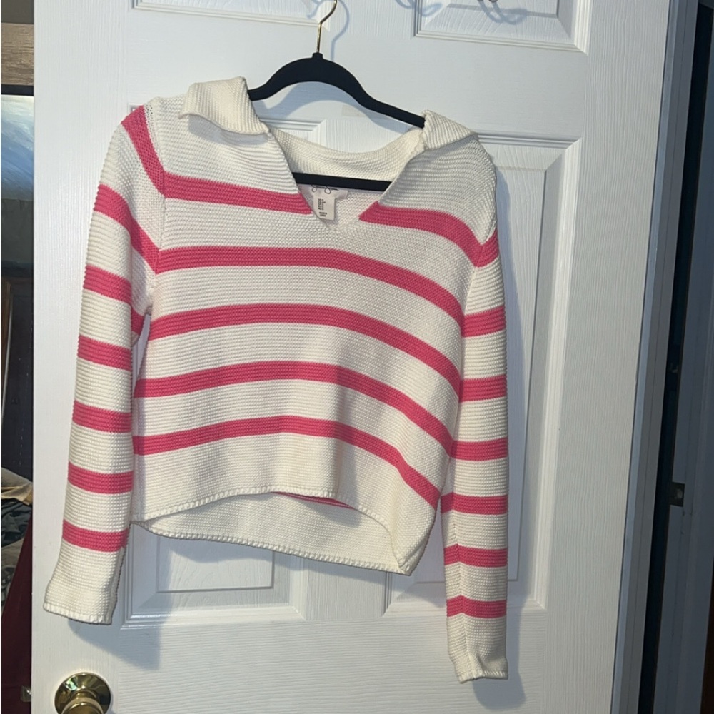 Jessica Simpson Pink and White V-Neck Sweater
